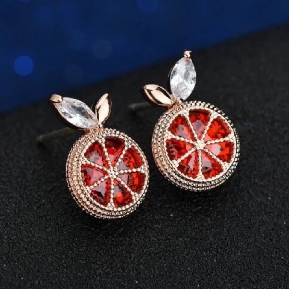 Jeweled Grapefruit Red Diamond Fruit Gold Stud Dainty Luxury Unique Earrings